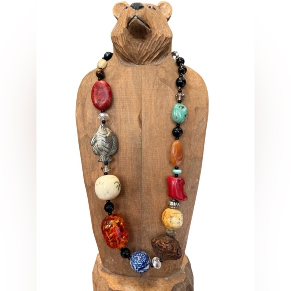 Artisan Beaded hand carved Necklace with Fish Pendant - Picture 1 of 5